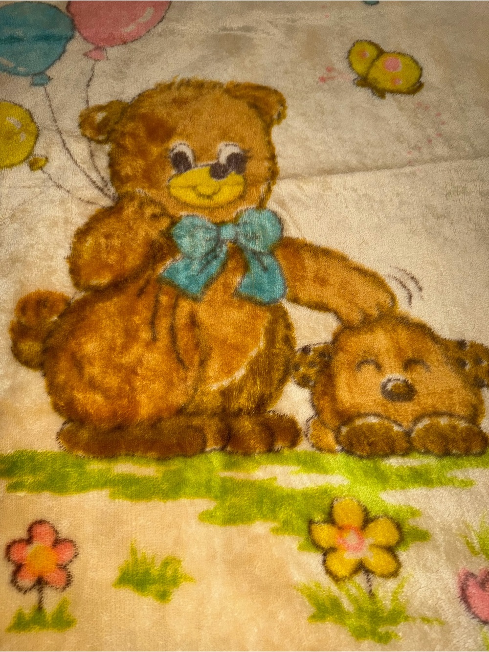 Cottagecore Teddy Bear Print Plush Mink 1980’s Baby Blanket -
